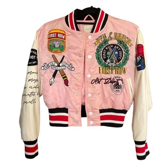 First Row Pen & Brush Cropped Varsity Jacket Pink White Patches Sz S - Picture 6 of 12